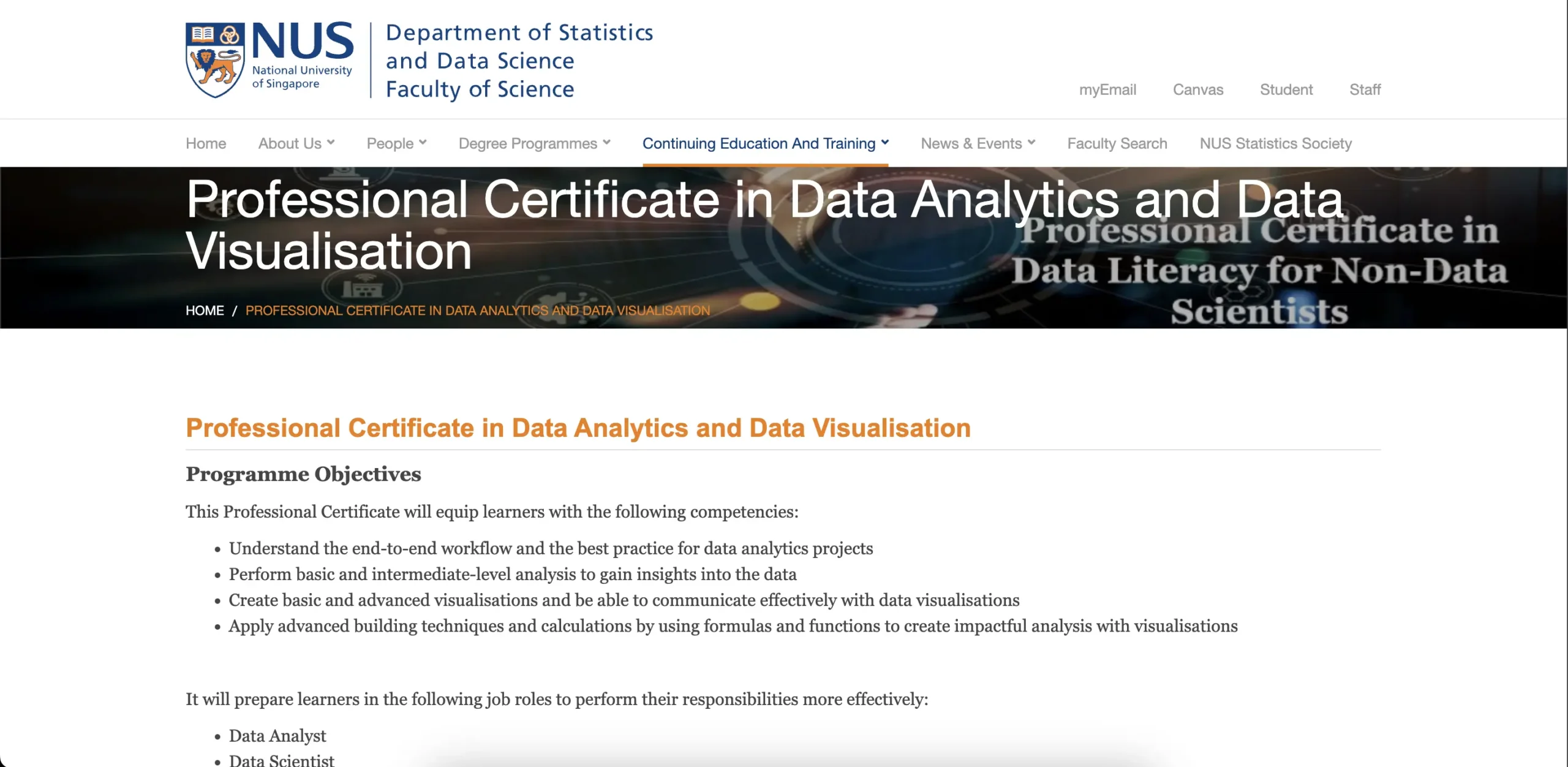 2. National University of Singapore – Professional Certificate in Data Analytics and Data Visualisation