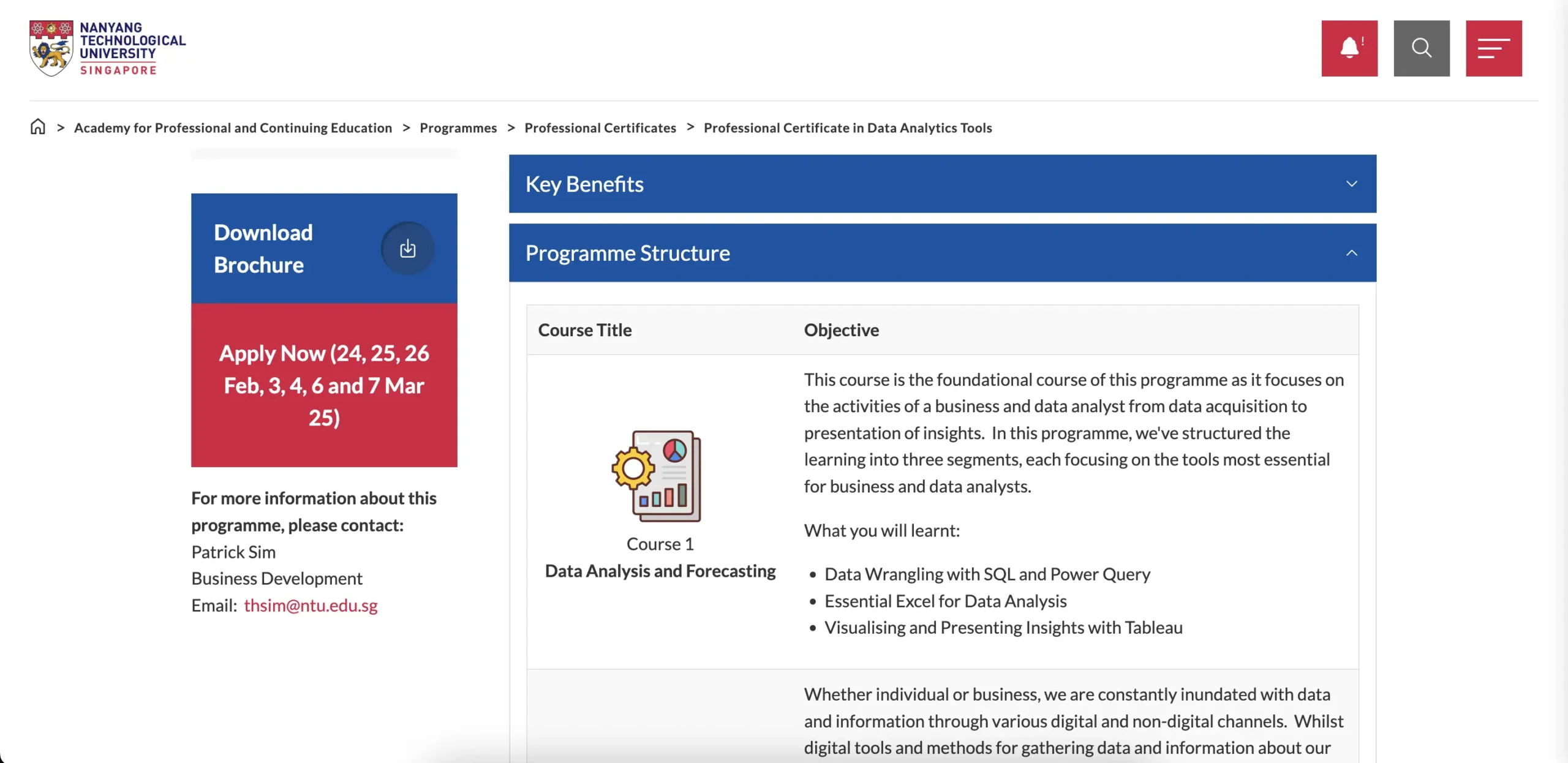 4. NTU PaCE – Professional Certificate in Data Analytics Tools